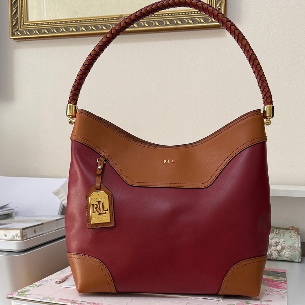Ralph Lauren Two-Tone Red & Tan Leather Hobo Bag